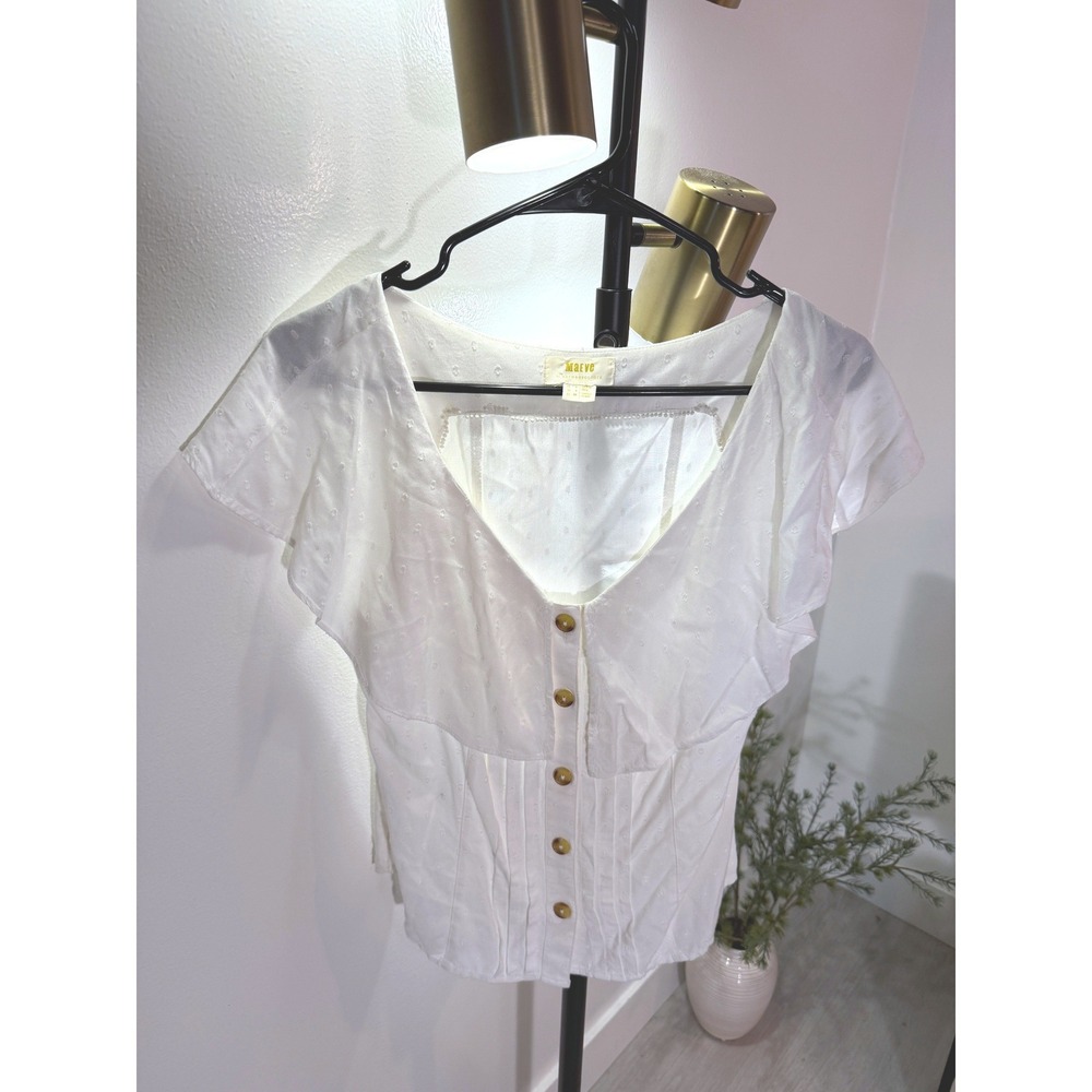 Maeve Anthropologie White Swiss Dot Button Front Flutter Sleeve Blouse Top Sz‎ 4